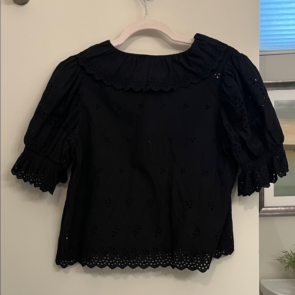 Ultra Pink Black Eyelet Ruffle V-Neck Blouse - Picture 6 of 7